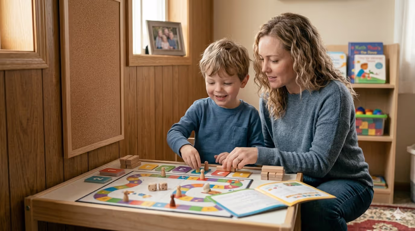 Parent helping child build math confidence through hands-on learning activity