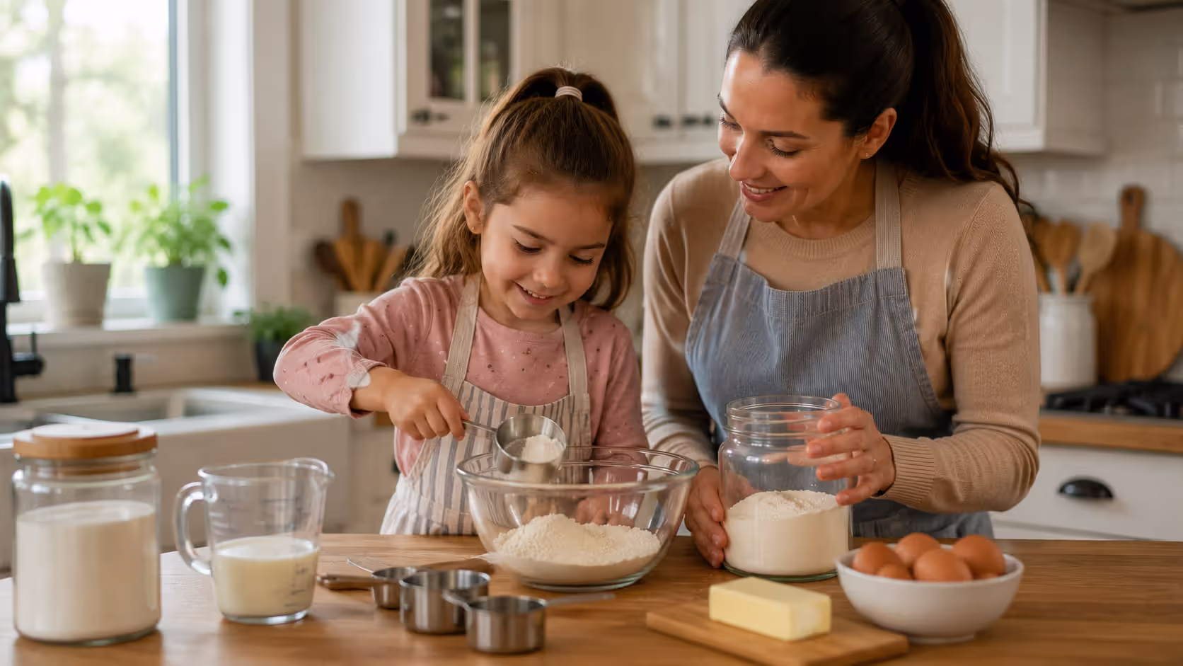 Parent and child practicing everyday math skills while cooking together