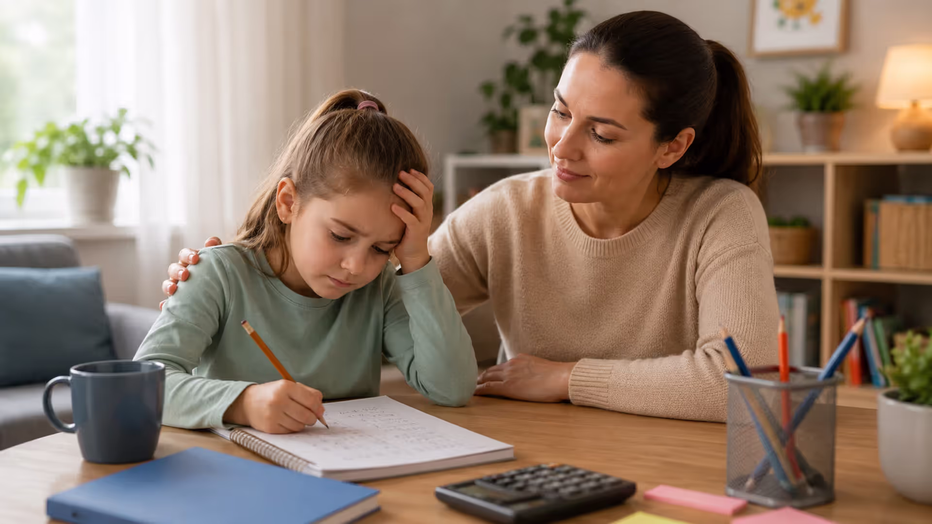 Elementary school child feeling anxious during math homework while parent offers calm support