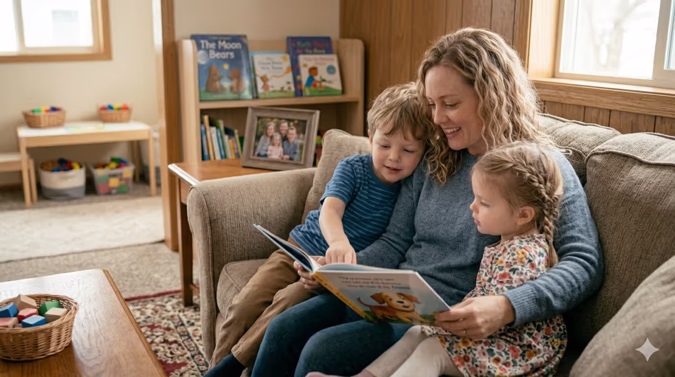 Childminder providing individual attention during story time with children