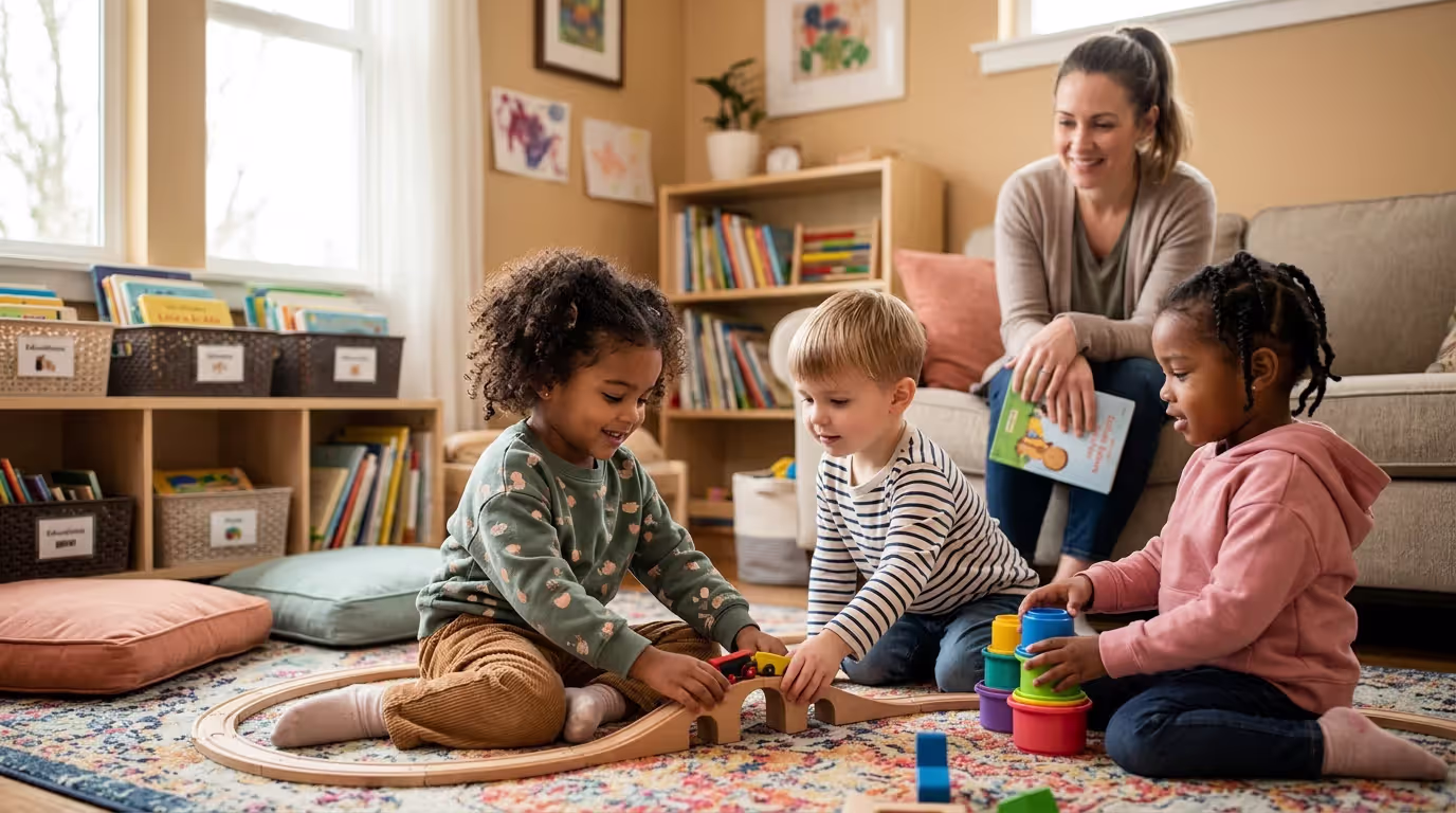 Young child happily playing in home-based childcare environment with caregiver nearby