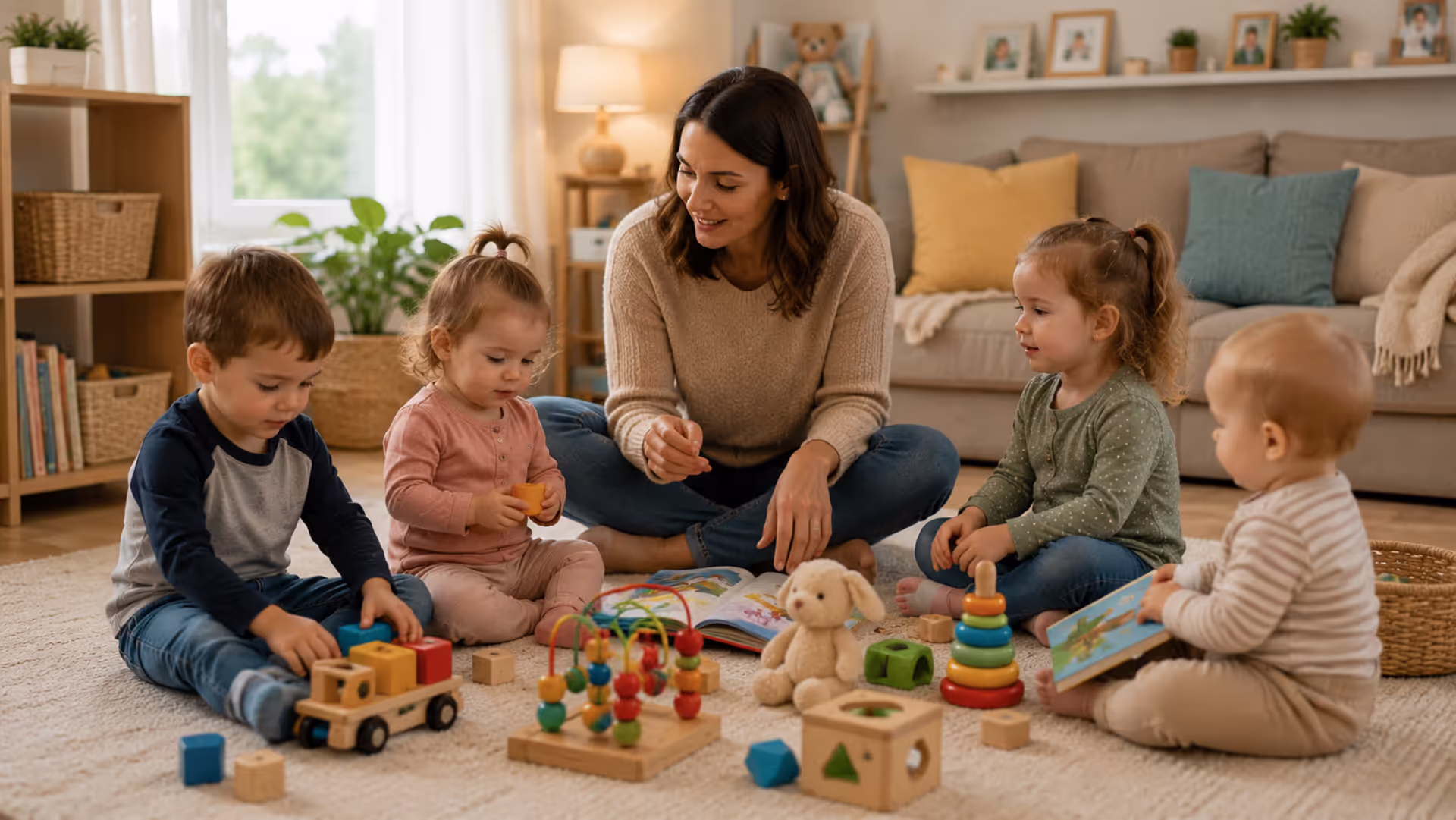 Childminder caring for small group of children in home-based childcare setting