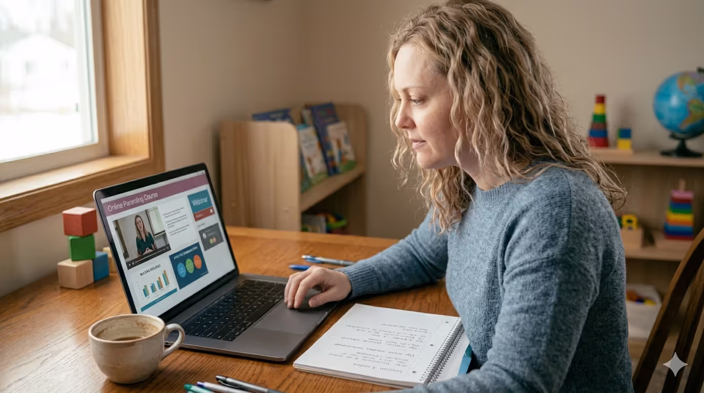 Parent participating in online child development course from home