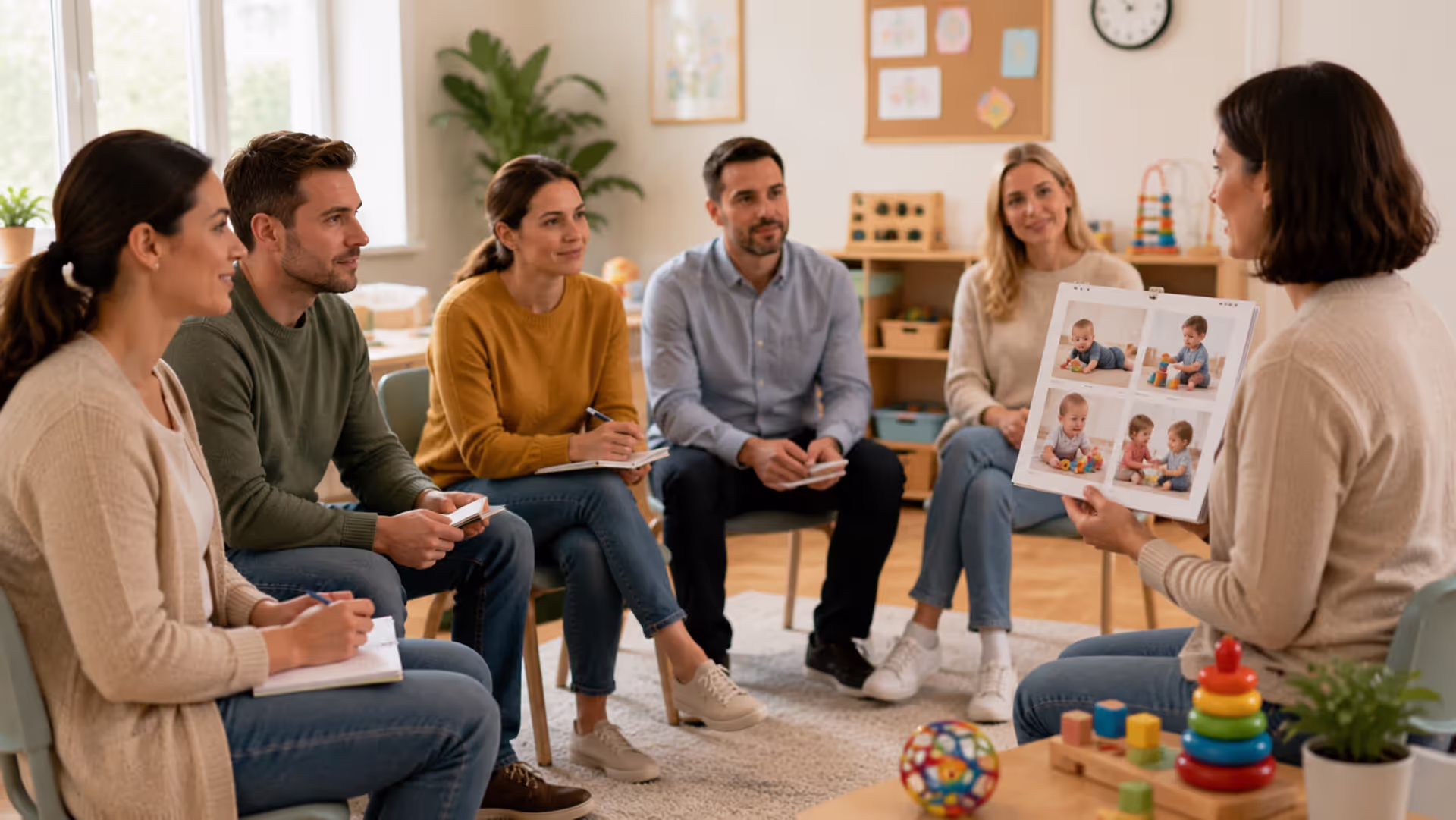 Parents attending child development education class with instructor