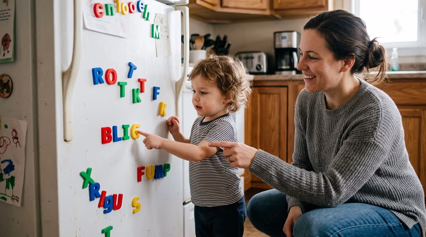 Kindergarten child practicing phonics with magnetic letters on refrigerator