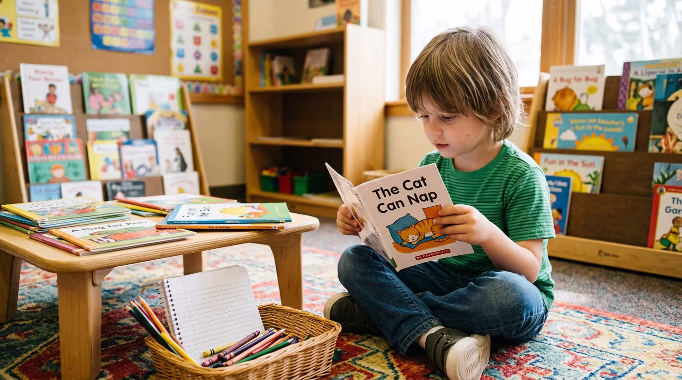 Young reader independently practicing beginner reading skills at home