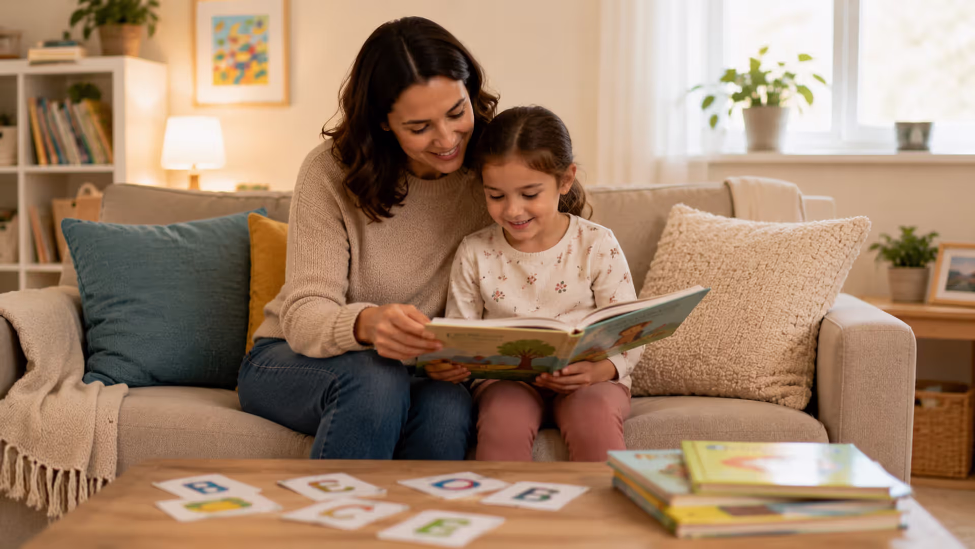 Parent helping kindergarten child learn to read at home