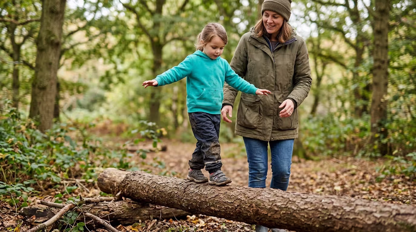 Preschool child developing balance and coordination through outdoor risky play