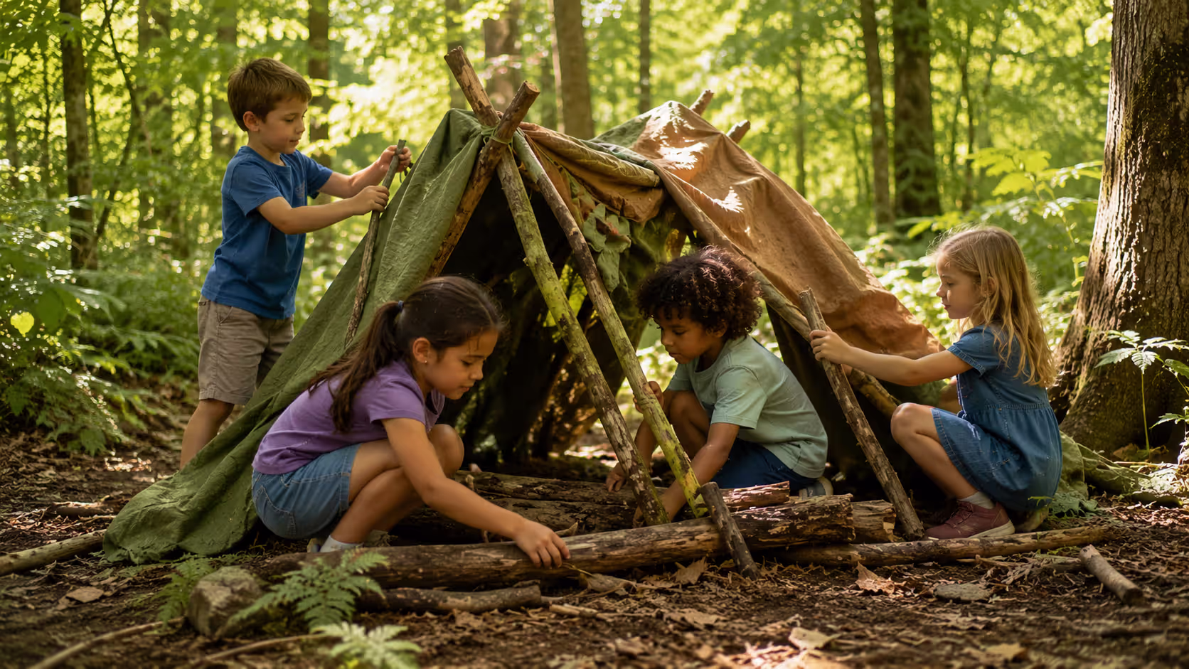 Children collaborating to build outdoor fort during unstructured nature play