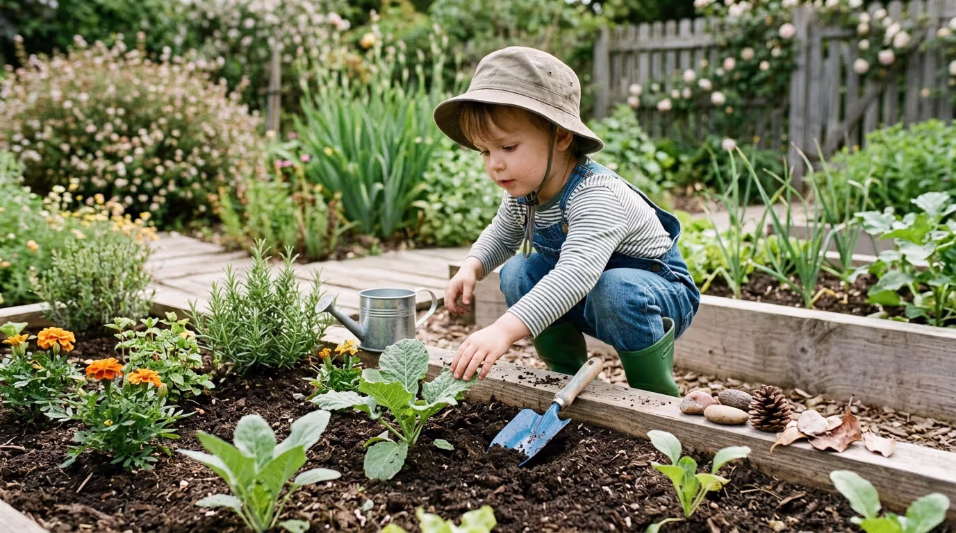 Young child exploring garden and natural materials during outdoor learning