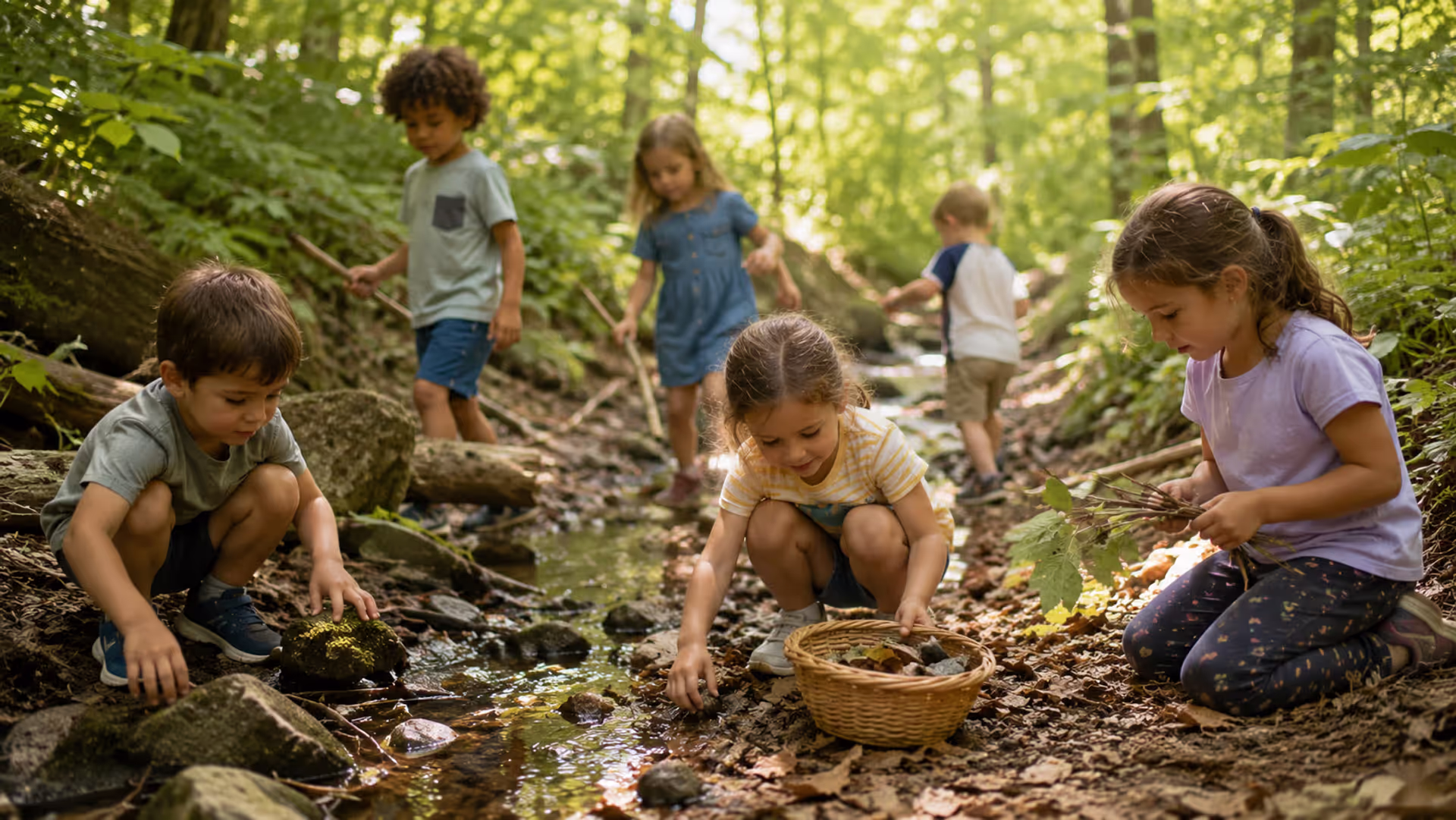 Children exploring nature and learning through outdoor play in park setting