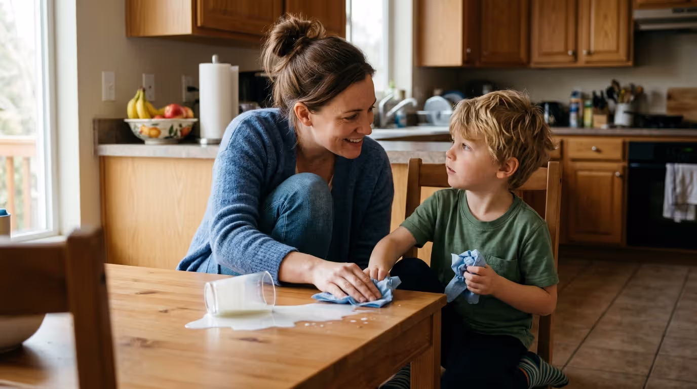 Parent calmly teaching child responsibility after accidental spill