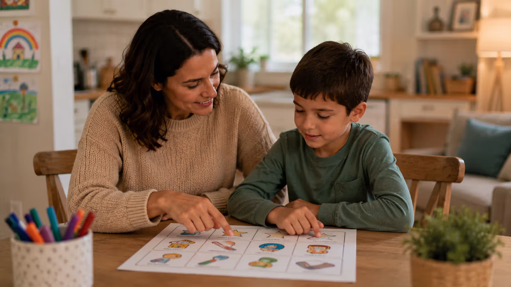 Parent and child discussing household expectations and routines together