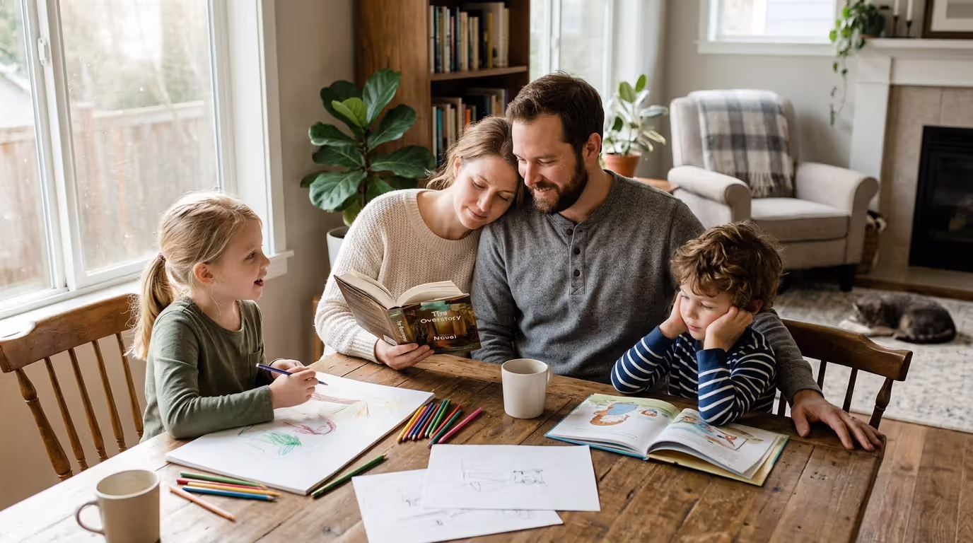 Family building emotional connection through calm positive interaction at home