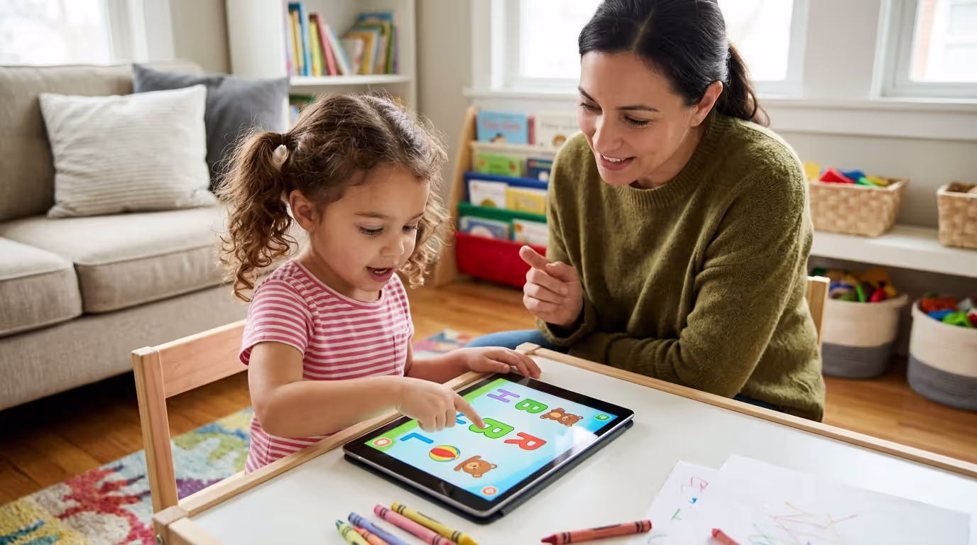 Preschool child actively using educational learning app with parent support