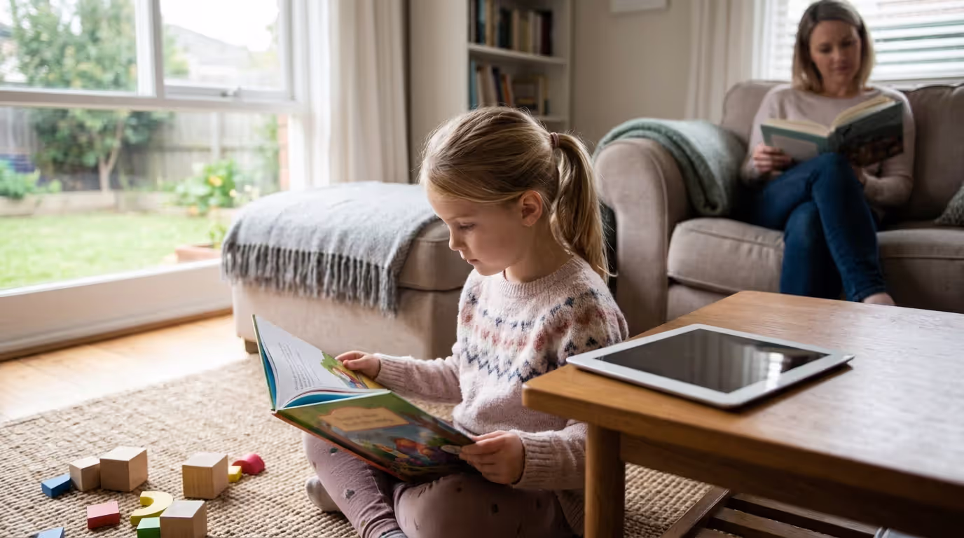 Child balancing educational screen use with offline play and reading activities