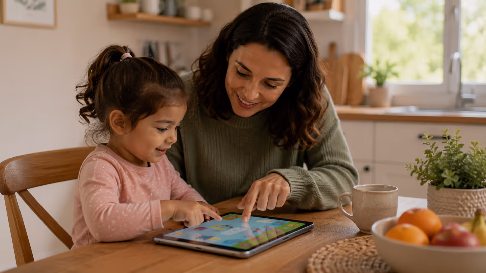 Parent and preschool child using educational screen content together at home